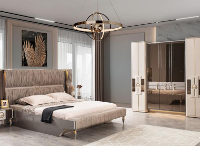 Modern Suite Double bed Bed Beige Wood Luxury Bedroom Set 4pcs